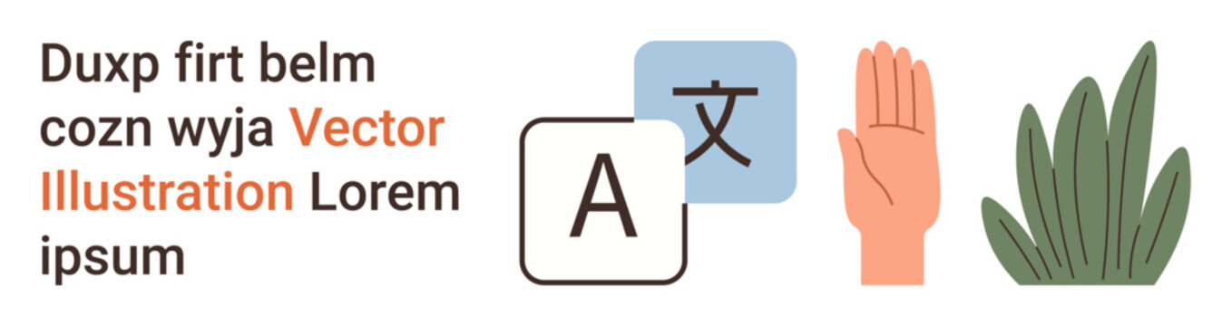 Language learning, universal communication, visual symbols, education, gesture recognition, minimalism. A language translation icon, hand gesture and a plant design. Language learning and universal