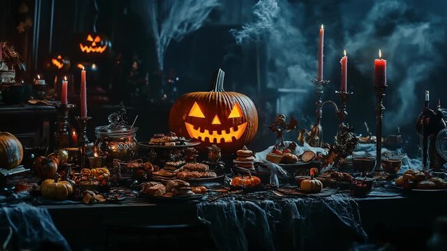 Halloween party table with jack o lanterns.