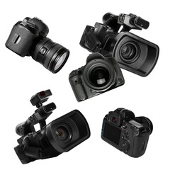 Photo and video cameras flying in air on white background