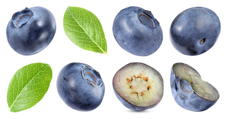Fresh blueberries and green leaves isolated on white, set