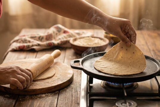 A person cooks homemade flatbread, like roti or chapati, on a tawa over a gas stove flame.