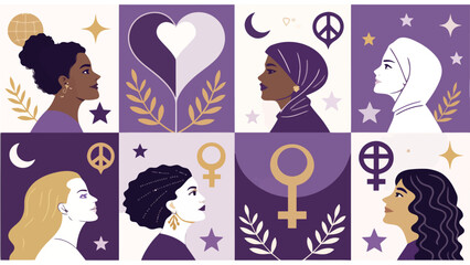 Diverse women profile portraits in a purple grid with feminist symbols and gold accents - International Women's Day