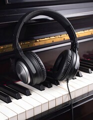 Headphones rest on piano keys, suggesting music and sound (1)