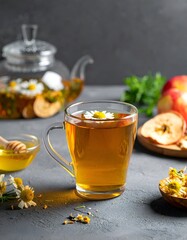 Herbal tea in glass cup with honey and chamomile, apples, and teapot