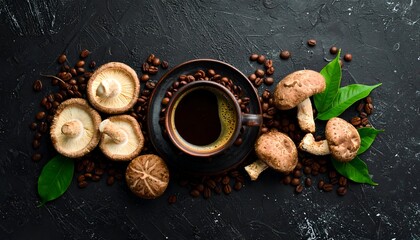 Coffee cup sits surrounded by mushrooms, coffee beans, and green leaves