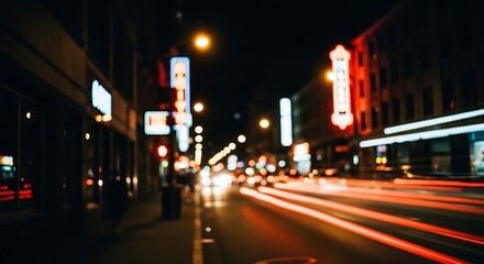 Vibrant long exposure captures the dynamic energy of a bustling city street at night with glowing light trails