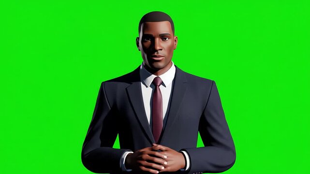 Professional businessman in formal suit making gestures and speaking confidently against a vibrant green chroma key background, demonstrating communication, presentation skills, leadership