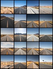 Grid of 20 images of roads disappearing into vast desert landscapes