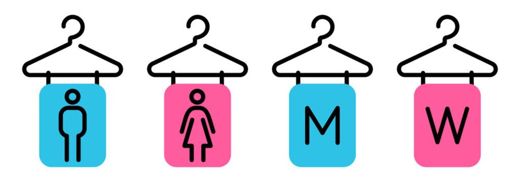 Mens and womens changing room icons in hanger shape with gender symbols. Minimal line vector signage in blue and pink isolated for locker rooms, public facilities and navigation.