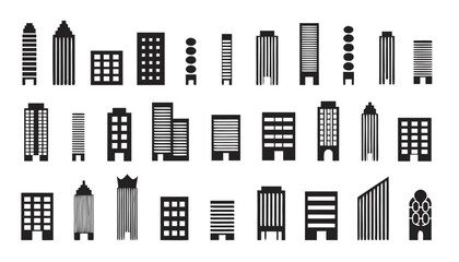 Modern City Buildings Vector Icon Set – Black and White Skyscraper Silhouettes Collection © Muhammad