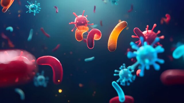Microscopic World of Pathogens: A vibrant and detailed depiction of various pathogens, showcasing their diverse shapes and forms, including bacteria and viruses, in a dynamic and colorful composition.