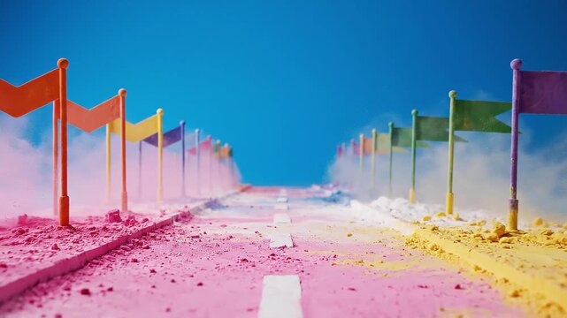 Colorful row of small flags on poles lining a vibrant, pastel-colored sandy beach under clear blue sky,Holi,Festival of Colors,4th March