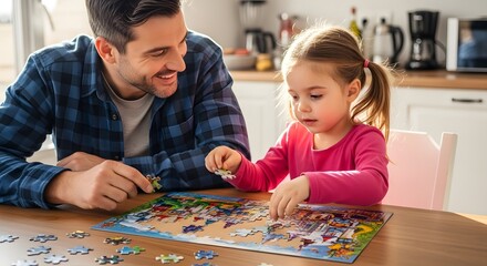 father and daughter solving puzzle together family bonding learning activity indoor lifestyle concept