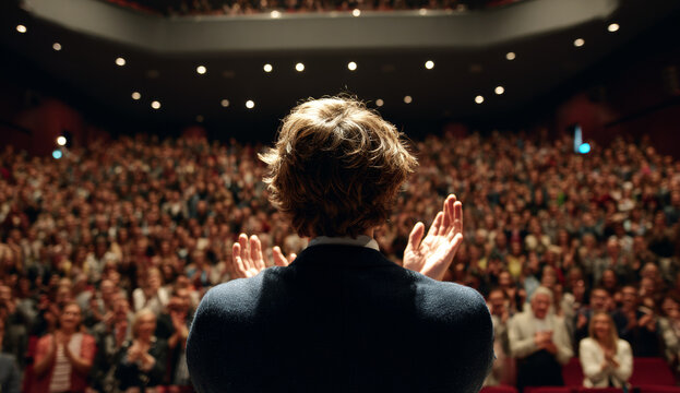 Young man with wavy brown hair wearing a dark blazer clapping enthusiastically in front of an audience in a large auditorium