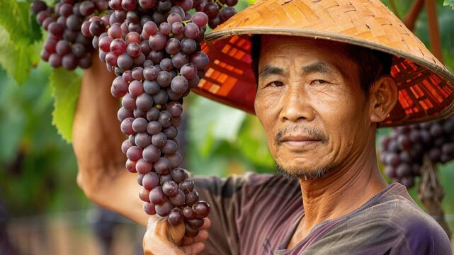 Harvest of Bounty: A seasoned farmer, adorned in a traditional hat, proudly presents a luscious cluster of ripe grapes, embodying the essence of labor, the abundance of harvest.