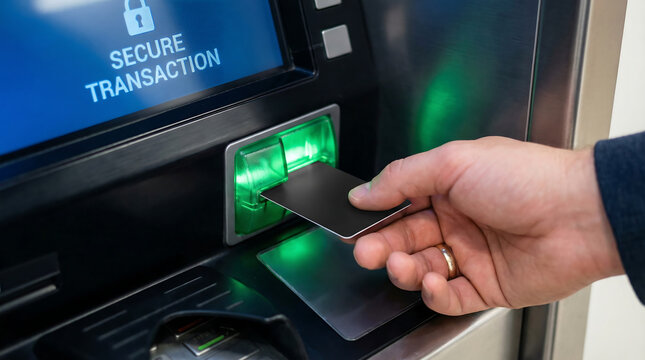 Person using credit card for secure transaction at ATM machine outdoors