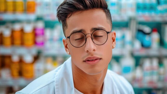 Serene Pharmacy Worker: A focused individual in a professional pharmacy setting, eyes gently closed, reflecting a moment of quiet contemplation amidst the backdrop of organized medications.