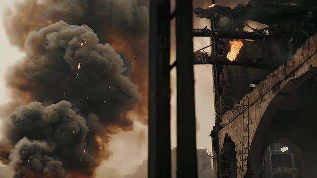 Cinematic overlay of dust and smoke billowing from industrial explosion at an old factory