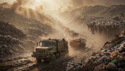 Massive landfill landscape trash mountains under a dusty sky. Garbage trucks navigate muddy roads, highlighting waste disposal