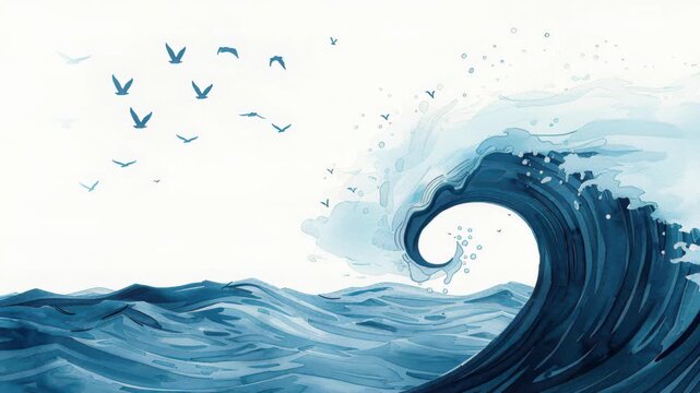 Ocean's Embrace: An artistic representation capturing the dynamic power of the sea, where a colossal wave curls and crests, while a flock of birds takes flight, echoing the energy of the ocean