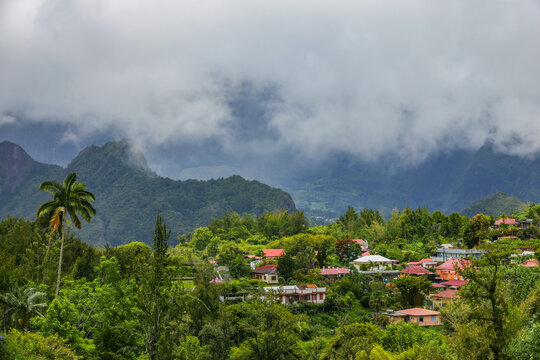 Scenic cloudy landscape of Cirque de Salazie, La Reunion island, French oversea department, Indian Ocean