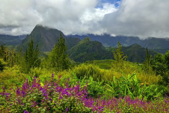 Scenic cloudy landscape of Cirque de Salazie, La Reunion island, French oversea department, Indian Ocean