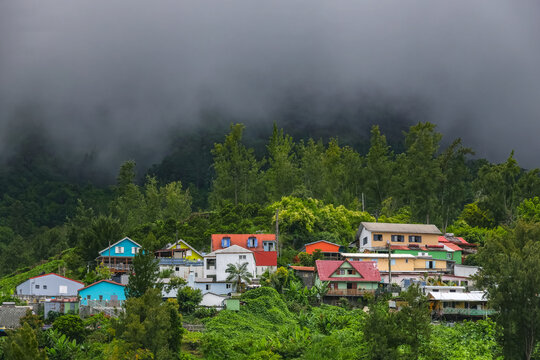 Scenic cloudy landscape of Cirque de Salazie, La Reunion island, French oversea department, Indian Ocean