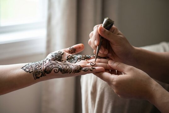 A mehndi artist uses a cone to apply a detailed, traditional henna design onto a woman's hand for a ceremony.