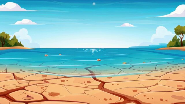 Dry Earth, Blue Sea: A vivid depiction of a parched landscape meeting the vastness of the sparkling blue sea. The scene captures the raw contrast between drought and the ocean.