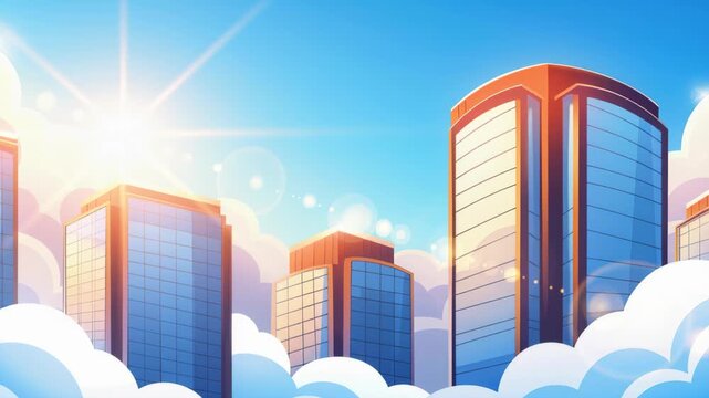 Skyscrapers under the Sunshine: A cityscape of modern skyscrapers rises majestically against a bright blue sky filled with fluffy clouds, kissed by the warm glow of sunlight.