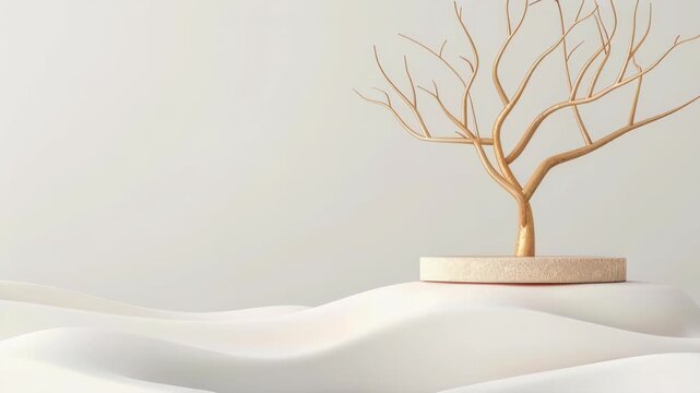 Elegance of Minimalism: An artistic composition showcases a golden tree poised delicately on a wooden pedestal, set against a pristine, light-toned backdrop.