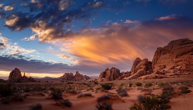 desert landscape at dawn dramatic clouds over rock formations