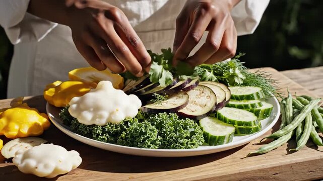 Chef Preparing Fresh Vegetable Platter, Healthy Food, Vegan Meal