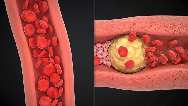 Dynamic illustration comparing vibrant blood circulation in a clear artery with a constricted vessel featuring atherosclerotic plaque, emphasizing cardiovascular disease risks