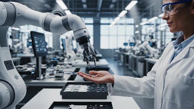 Collaborative Robot Arm Handing Microchip to Human Engineer in Smart Factory Environment, Advanced Industry 4.0 Automation and Human Robot Collaboration Concept