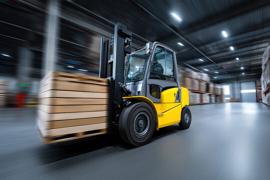 Forklift transports wooden pallets in large warehouse