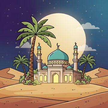 A cartoon illustration of a mosque with a teal dome and minarets, surrounded by palm trees and sand dunes under a large full moon at night.