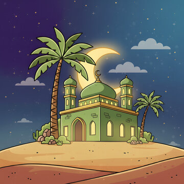 Cartoon illustration of a green mosque with minarets and palm trees under a crescent moon and starry night sky in a desert landscape.