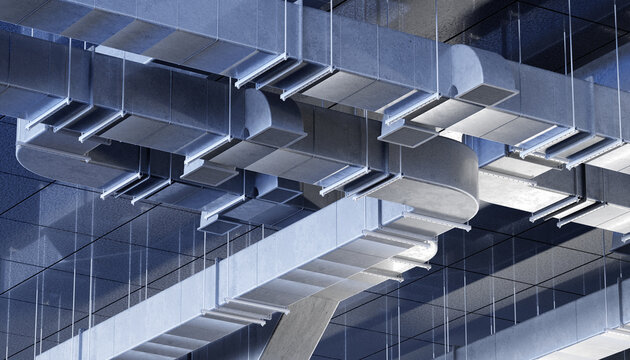 HVAC engineering, industrial ventilation ducts installed under ceiling for climate control in commercial building, air distribution system for heating, cooling and air circulation.