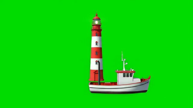 3D Cartoon Lighthouse on Boat with Glowing Light, Isolated on Green Screen Chroma Key for Maritime Navigation and Safety Concepts