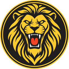 Fototapeta premium Fierce lion head logo design with golden mane and red tongue