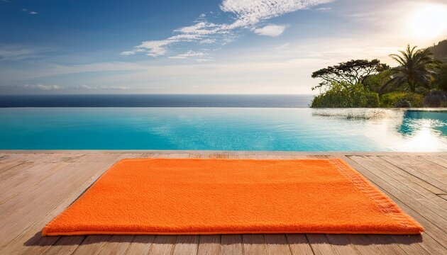 orange bath mat near tropical poolside with ocean view