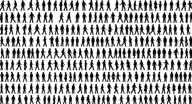 Walking person silhouette vector illustration, pedestrian motion graphics, human movement drawing collection, black and white activity art - flat vector illustration