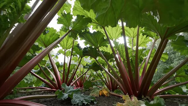 A low-angle view from beneath the dense, leafy canopy of a rhubarb patch
