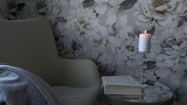 Candlelight reading corner with armchair and floral wallpaper 4K 