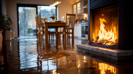 Disaster scene of home interior with flood water and flames emphasized by warm reflections, combined emergency, dual disaster, residential catastrophe, with copy space