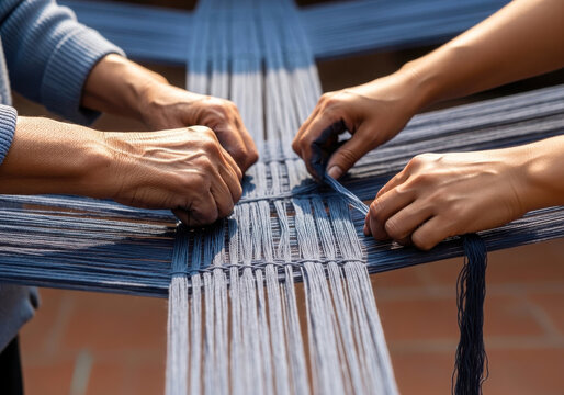 Close-up view of skilled artisans hands working together on a traditional hand loom, interweaving vibrant blue and lighter colored threads to create intricate textile patterns