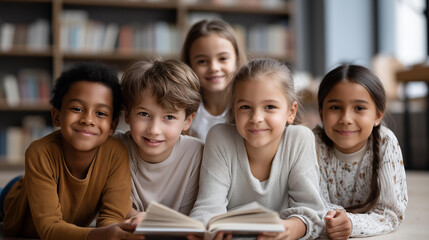 Fototapeta premium Five faceless smiling kids of different ethnicities lying on floor in library near bookshelves, children reading book together, sharing knowledge and friendship, learning and