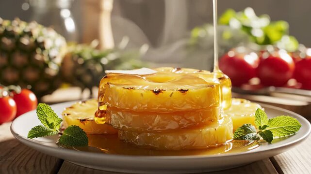 Stacked grilled pineapple drizzled with syrup garnished with mint