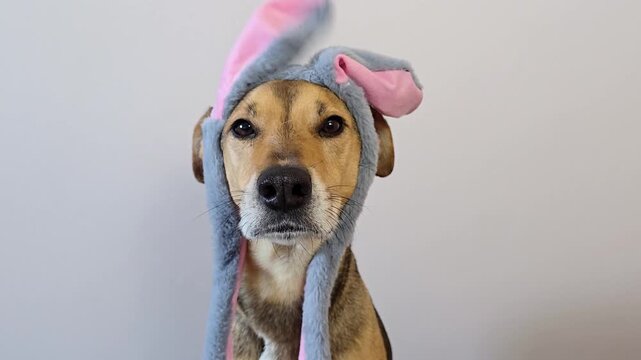 Cute dog wearing Easter bunny ears and waving in greeting. mixed-breed pet in a festive hat moving playfully, symbolizing spring holiday, family tradition, and Easter celebration